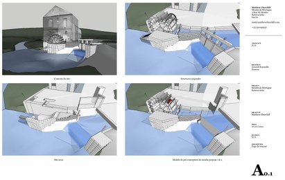 Modèles 3D montrant le moulin d'origine, l'état du moulin en 2021 et les plans de rénovation.